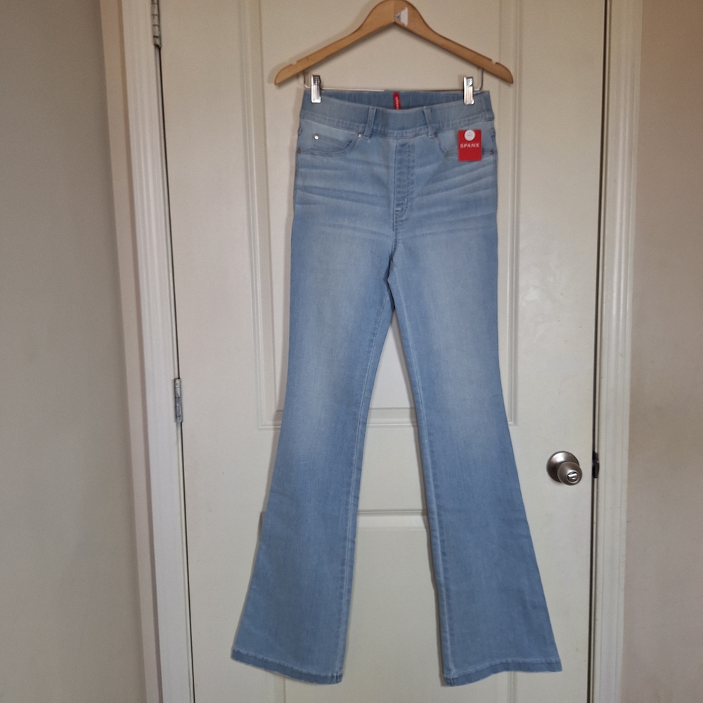 NWT SPANX Light Blue High Rise Flare Boot Cut Wide Leg Jeans Size Medium Tall